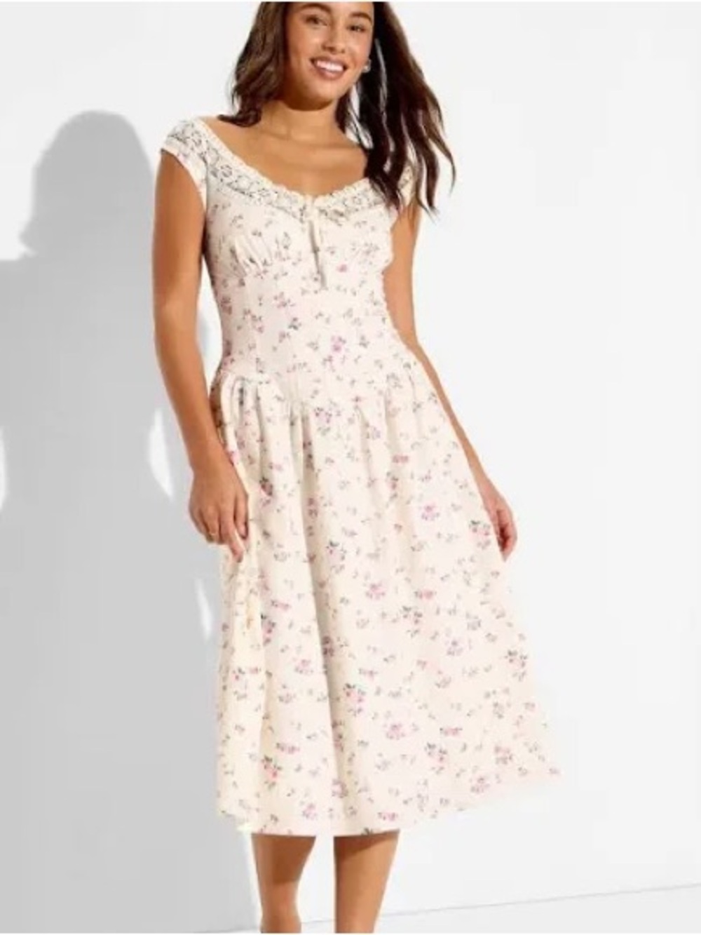 wild fable Cream Midi Dress with Pink Floral Print